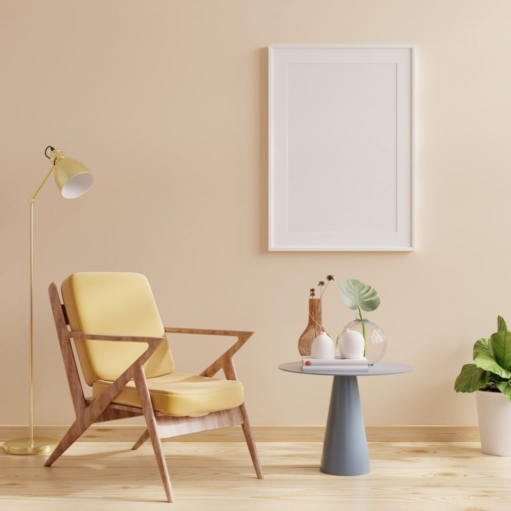 poster-frame-mockup-with-vertical-frames-empty-cream-color-wall-with-yellow-velvet-armchair-3d-rendering